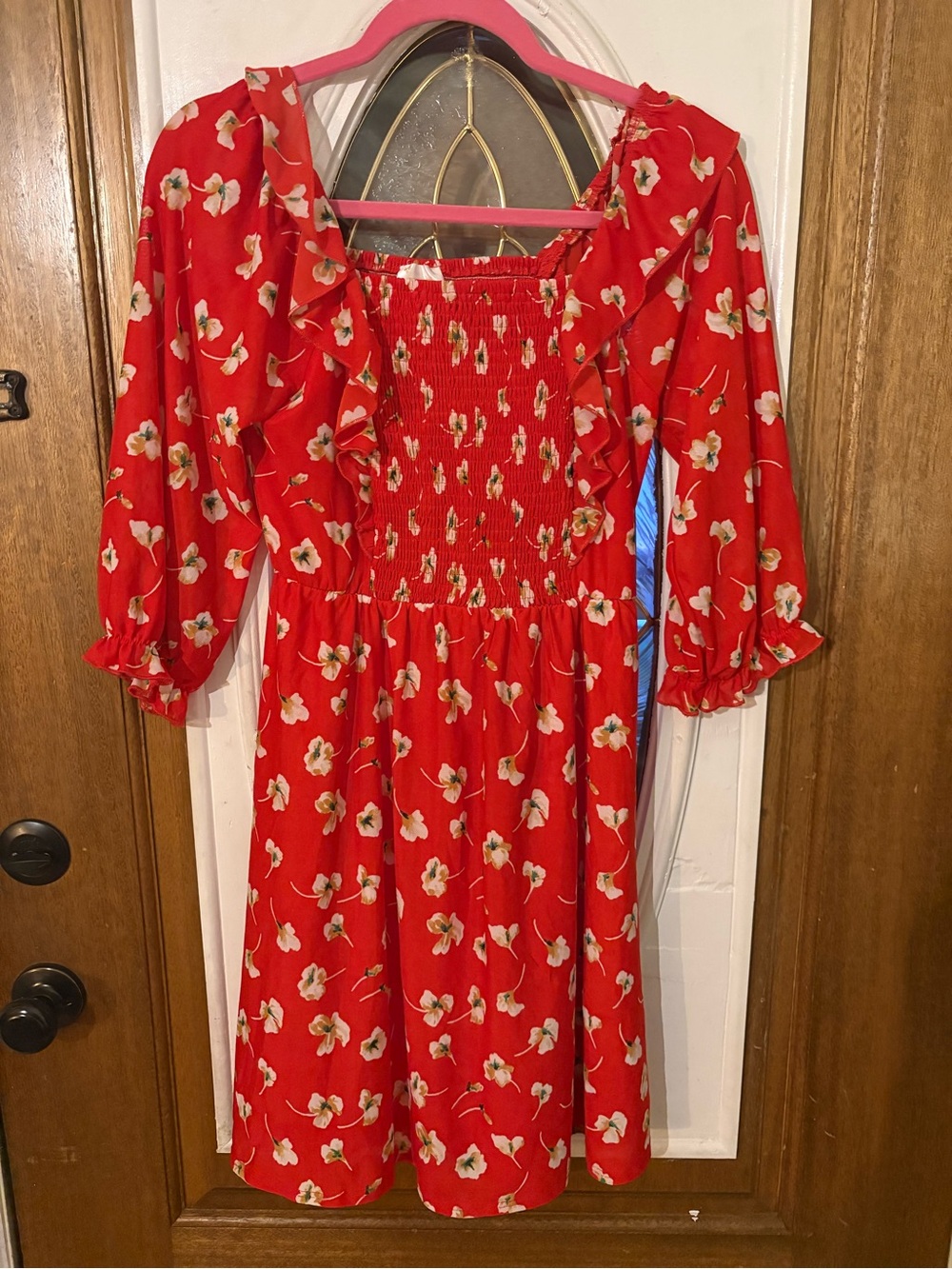Siren Lily Red Floral Ruffle-Smock Midi Dress